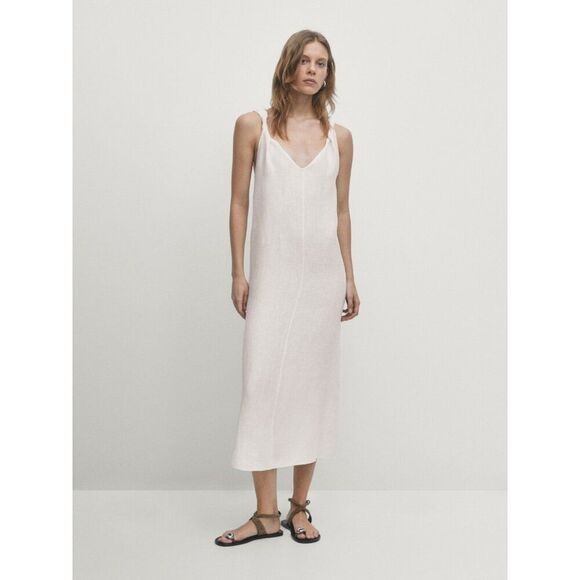 Massimo Dutti Womens Midi Dress M White Linen With Strap Details 6609/609 NWT - Picture 1 of 12